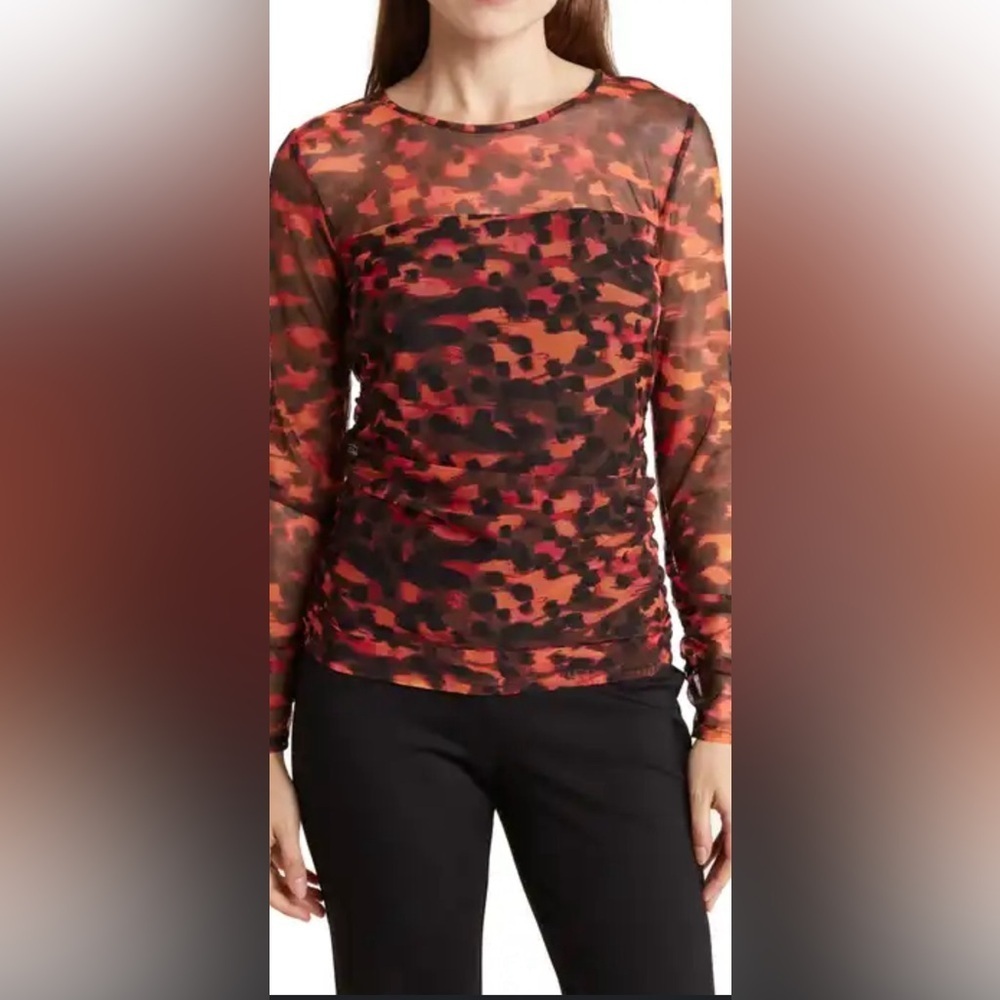 DKNY Womens Printed Long Sleeve Crewneck Mesh Top Black And Orange Multi M